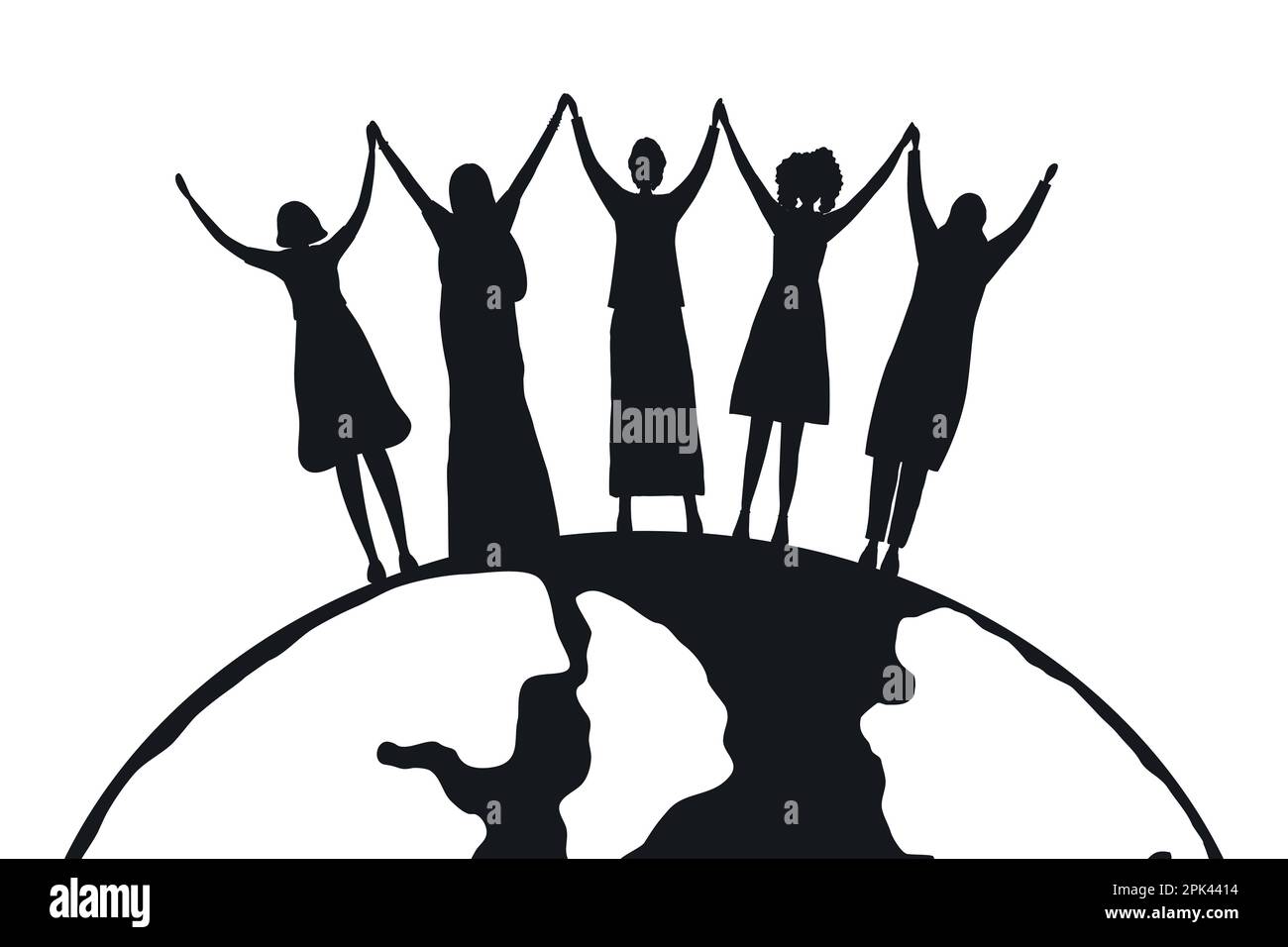 Schwarze Silhouetten von Frauen. Konzept zum Internationalen Frauentag. Frauen, die Händchen halten, stehen auf dem Globus-Hintergrund. Frauengemeinde. Weibliche Solidarität Stock Vektor