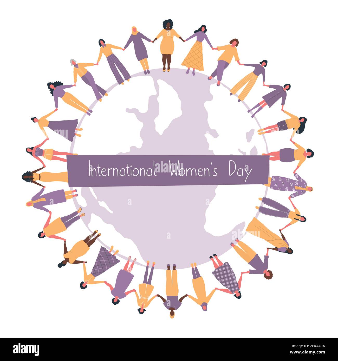 Frauen halten Händchen, stehen um die Weltkarte. Konzept zum Internationalen Frauentag. Frauengemeinde. Weibliche Solidarität. Multikulturelle Gruppe Stock Vektor