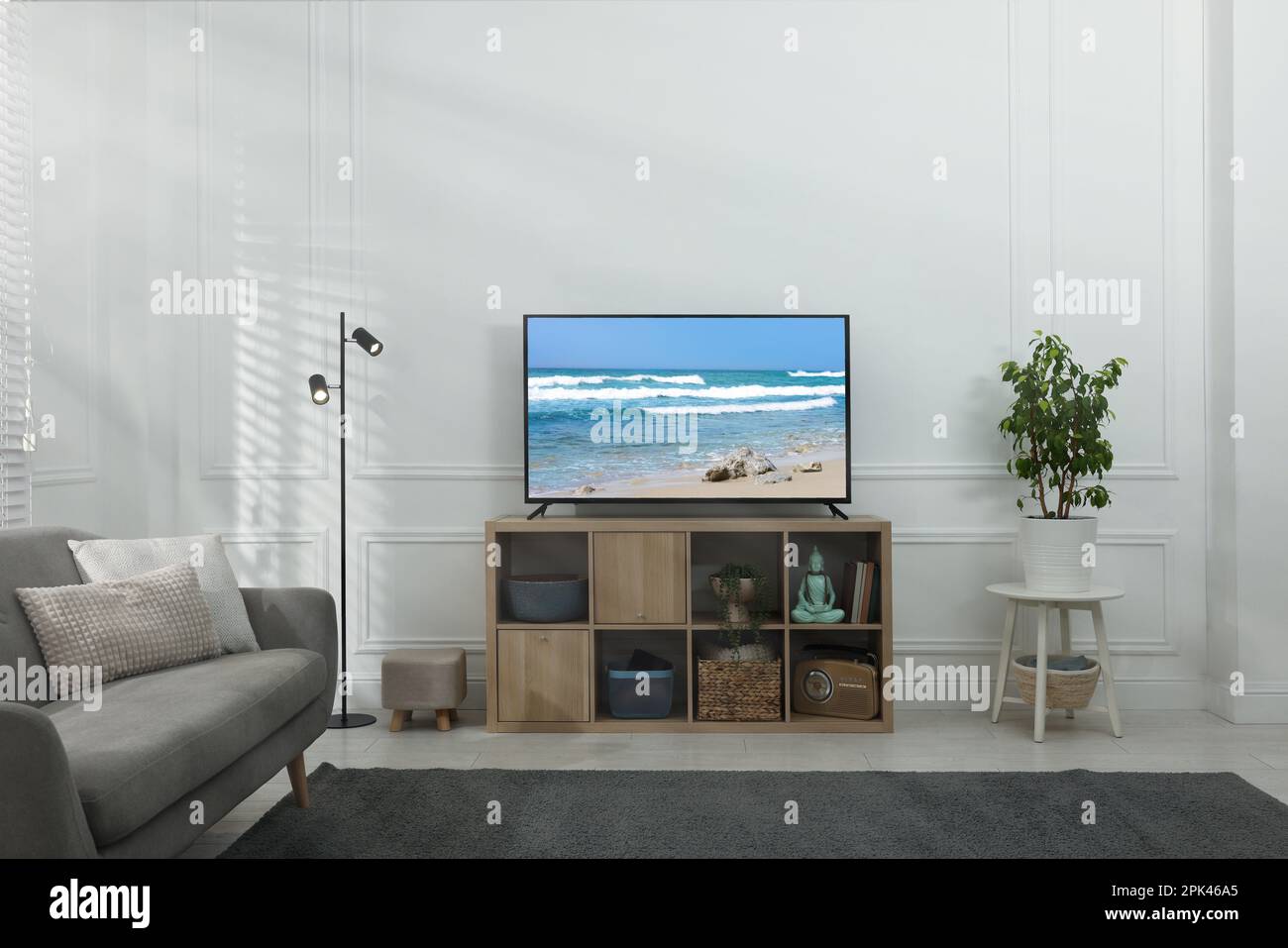 Moderner Fernseher auf Holzständer im Zimmer. Film mit Naturmotiv auf der Leinwand Stockfoto