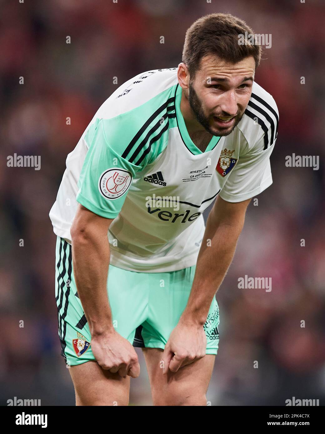 Jon Moncayola von CA Osasuna während des Spiels Copa del Rey zwischen Athletic Club und CA Osasuna spielte am 4. April 2023 im Nuevo San Mames Stadium in Bilbao, Spanien. (Foto: Cesar Ortiz / PRESSIN) Stockfoto