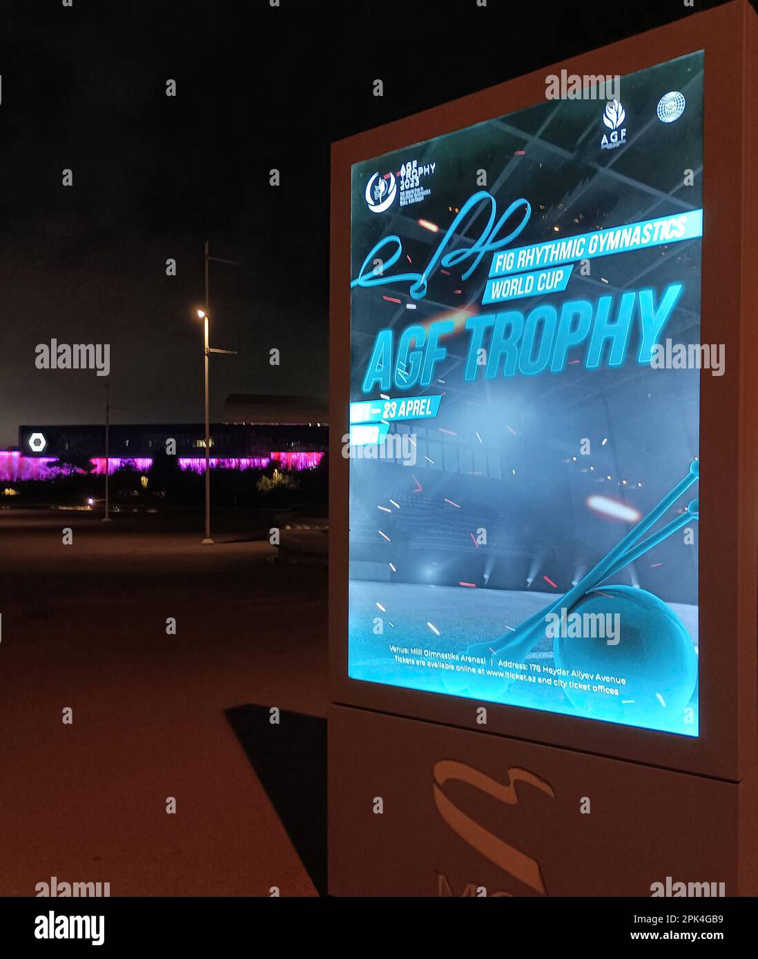 Internationales Turnier der AGF-Trophäe. FEIGENRHYTHMISCHE Turnweltmeisterschaft 2023 Baku Aserbaidschan. Pfeiler in der Nähe der National Gymnastics Arena Stockfoto