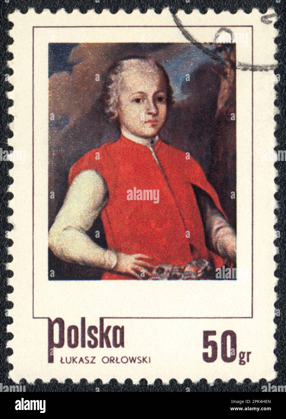 Ein in POLEN gedruckter Stempel zeigt das Bild „Portrait of a boy“ von Lukasz Orlowski, ca. 1974 Stockfoto