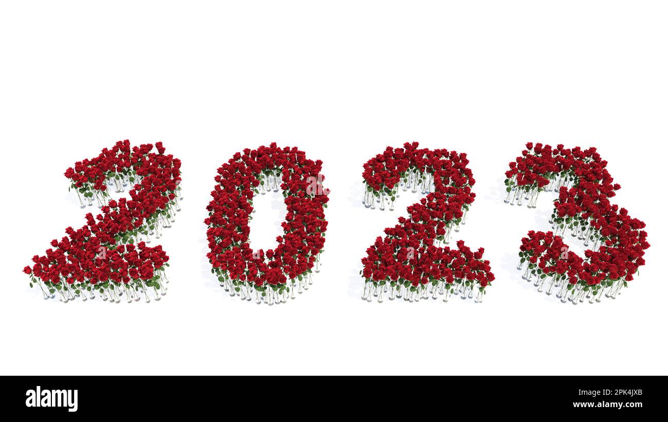 Konzept oder konzeptionelles Set von wunderschönen blühenden roten Rosensträußen aus dem Jahr 2023. 3D Illustration Metapher für Hoffnung, Zukunft, Wohlstand Stockfoto