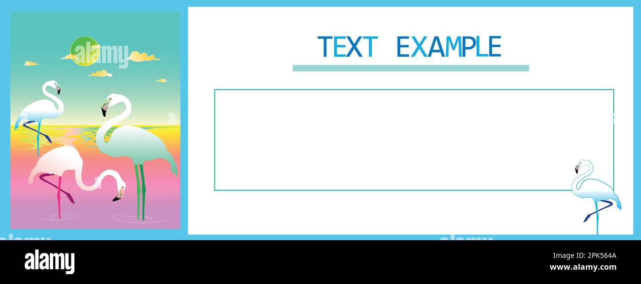 Süßes Banner- und Flyer-Design bei Sonnenuntergang mit Flamingos an der Küste. Die Natur Stock Vektor