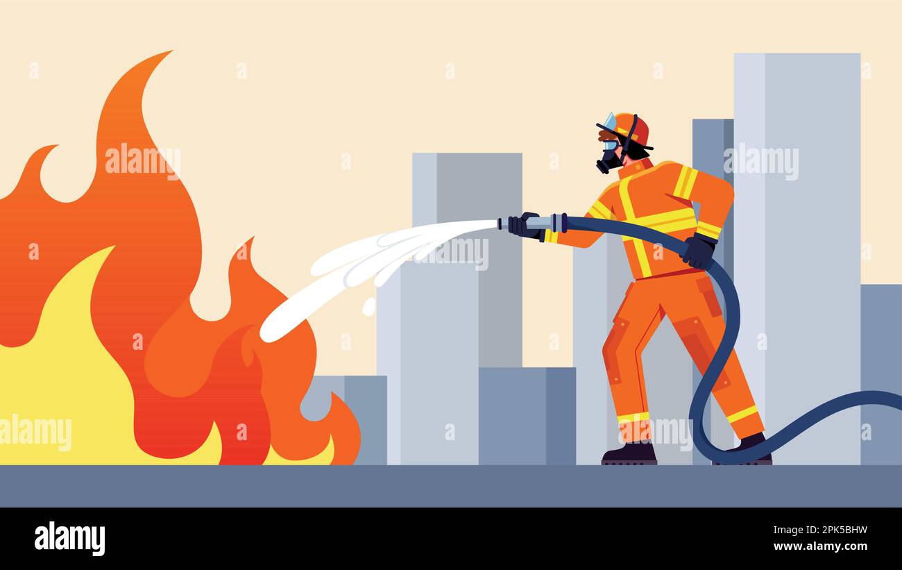 Feuerwehrmann Löscht Feuer Stock Vektor