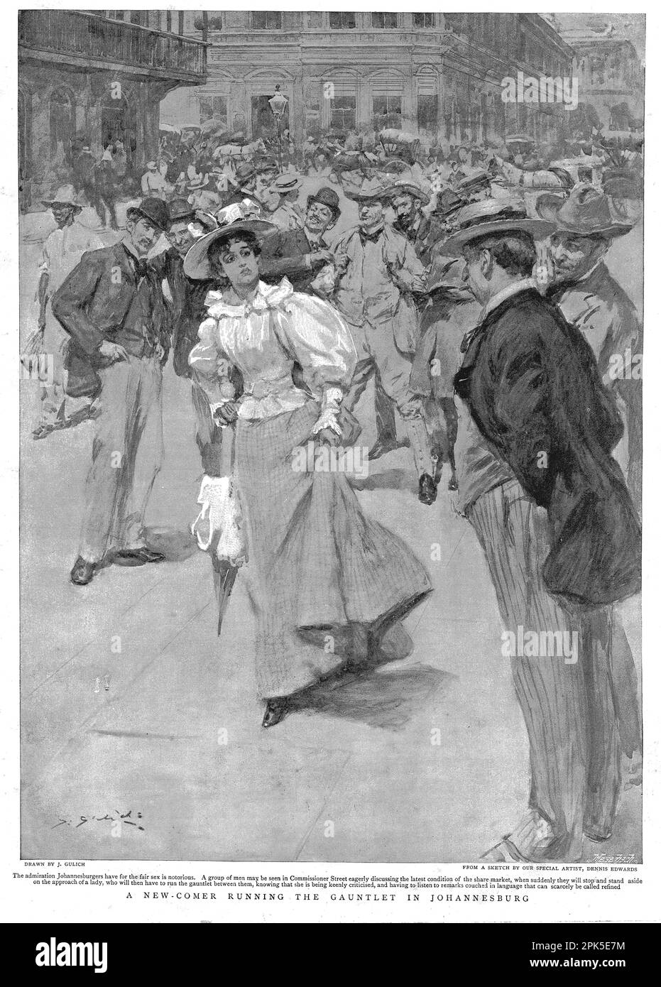 Eine junge Frau, die den Kritikhandschuh in der Hauptstraße von Johannesburg, Südafrika, führte, veröffentlichte 1896 Stockfoto