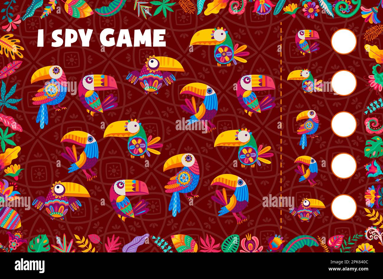 Ich sehe Spielearbeitsblätter, mexikanische und brasilianische Tukanvögel, Puzzle-Quiz für Vektorkinder. Finde und kombiniere zwei gleiche tropische Vögel mit dem Kinderrätsel Stock Vektor