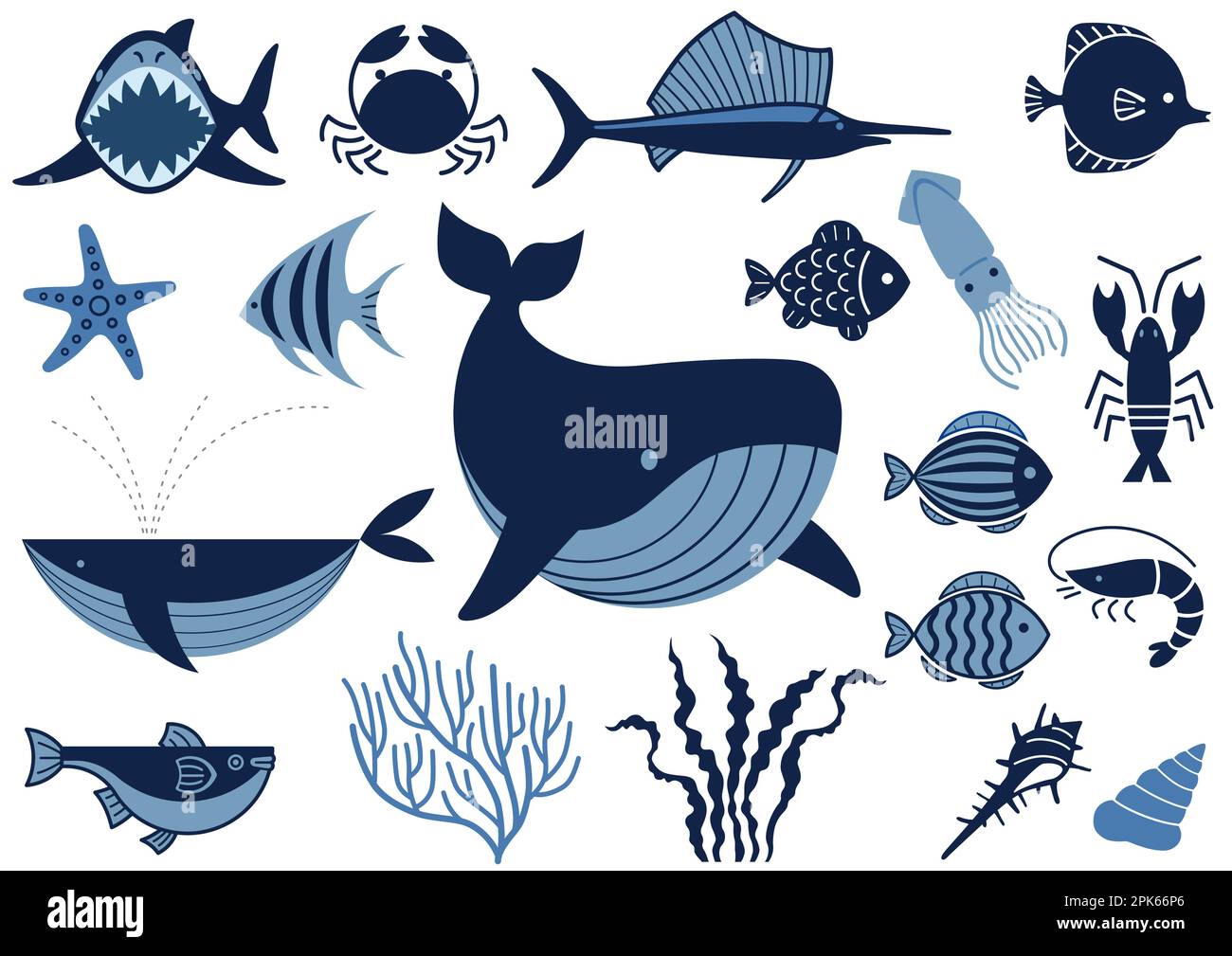Vector Marine Life Illustration Set isoliert auf weißem Hintergrund. Stock Vektor
