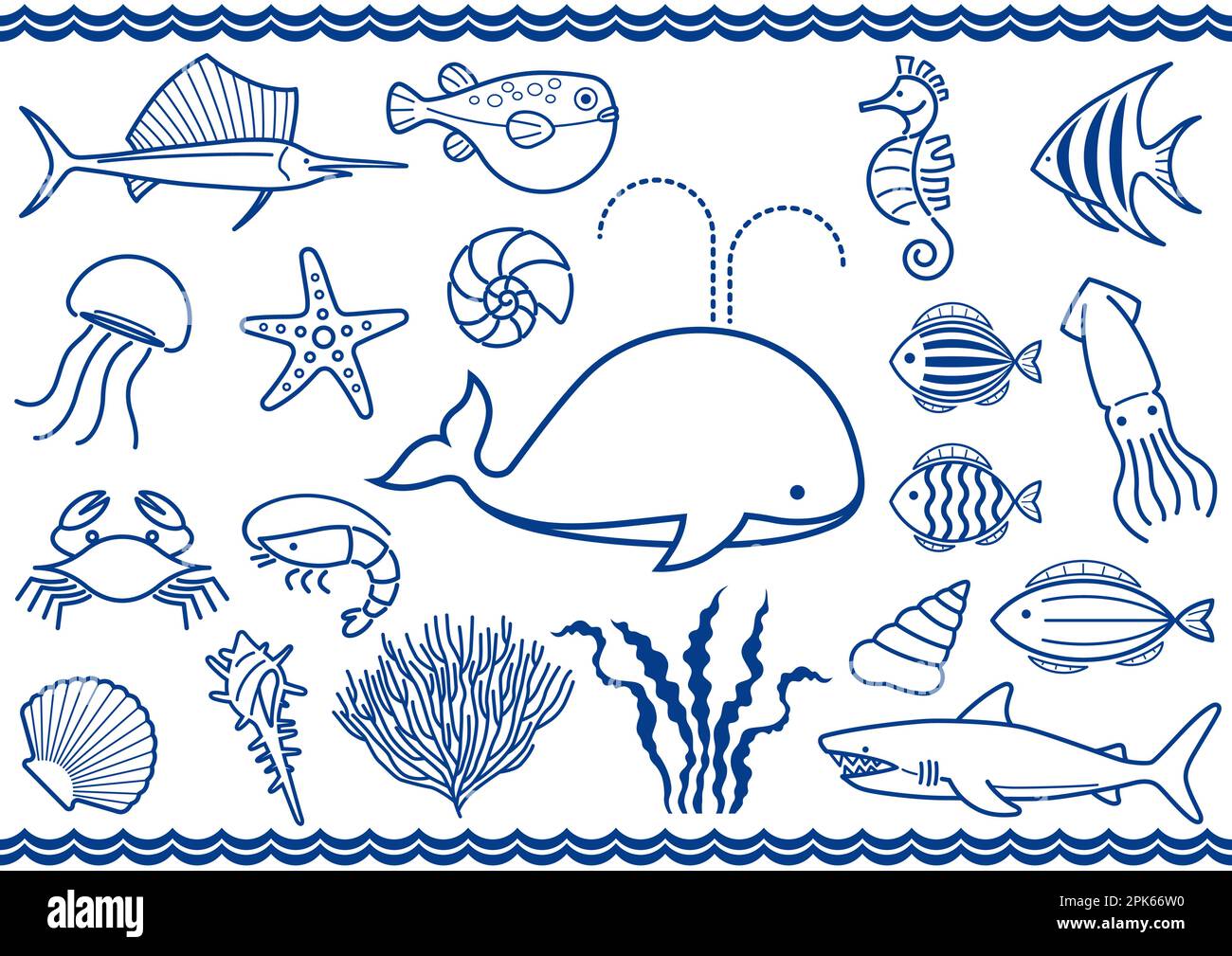Vector Marine Life Illustration Set isoliert auf weißem Hintergrund. Stock Vektor