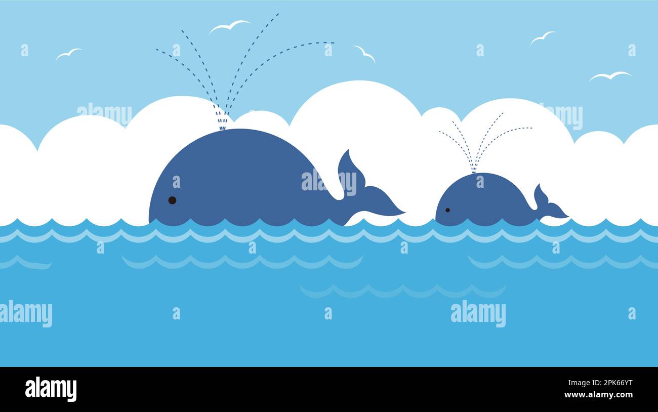 Vector Blue Whale Family In The Sea Seamless Background Illustration Mit Blue Sky, White Clouds Und Text Space. Horizontal Wiederholbar. Stock Vektor