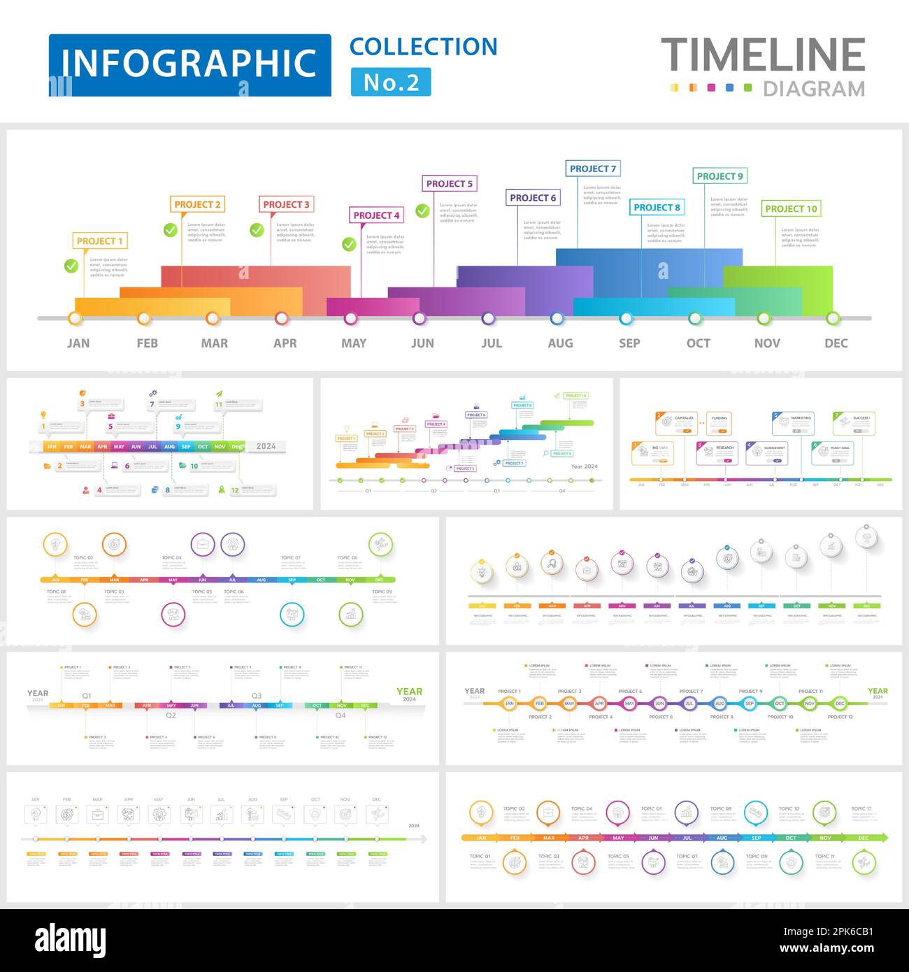 Vorlage für Vektorbündel-Infografiken für Unternehmen. Modernes Zeitleistendiagramm mit Kreisthemen und Monatskalender, Präsentationsvektorinformationen Stock Vektor