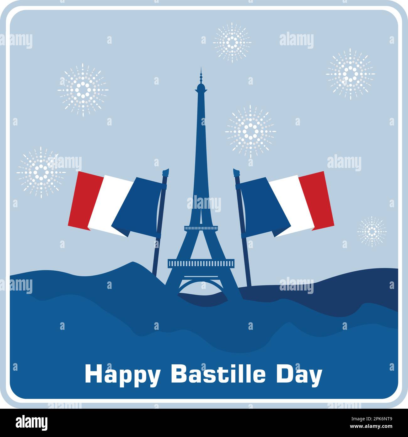 Eiffelturm, Salut und Flaggen. Französischer Nationalfeiertag. Einen schönen Tag noch. Moderne Hintergrunddarstellung Stock Vektor