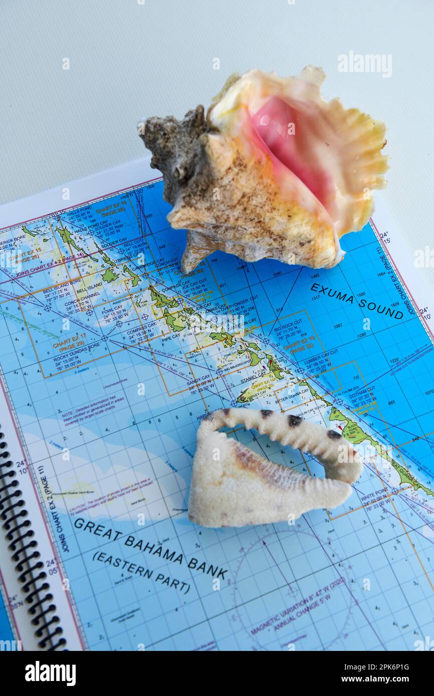 Karte der Great Bahama Bank mit Conch Shell, Exuma Cays, Bahamas Stockfoto