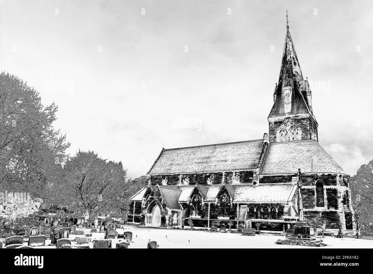 St. Barnabas' Church, Bromborough, Wirral, Großbritannien. Fotoeffekt nach ungewöhnlichem Schneefall März 2023 Stockfoto