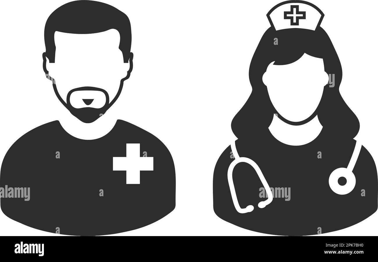 Symbol für männlichen Patienten und Krankenschwester. Flache Vektor-EPS. Stock Vektor