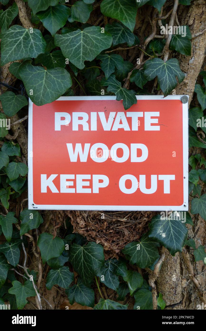 Schild Private Wood Keep Out, UK Stockfoto