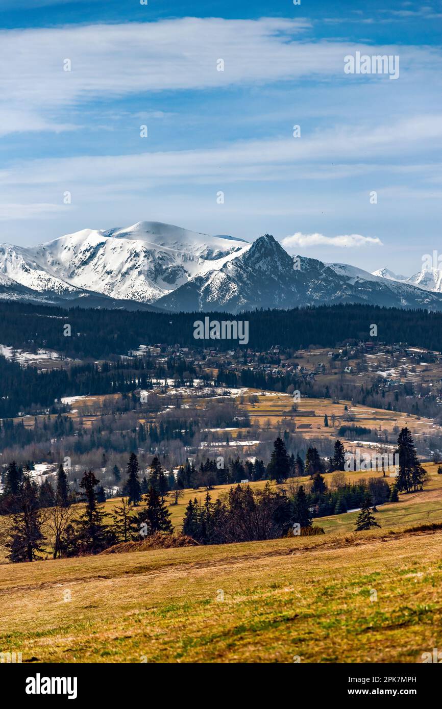 Vom Łapszanka-Pass haben Sie einen wunderschönen Blick auf die hohe Tatra. Berglandschaft in der Umwelt. Tatra-Gebirge, Polen Stockfoto