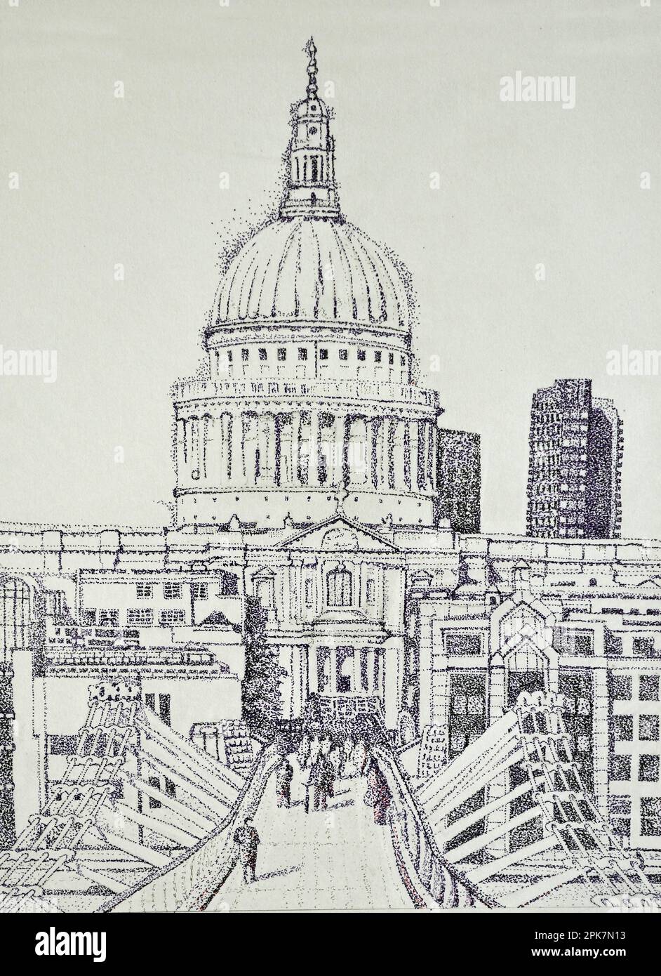 Pointillistische Schwarzweißzeichnung der St. Pauls-Kathedrale und der Millennium-Fußgängerbrücke Stockfoto