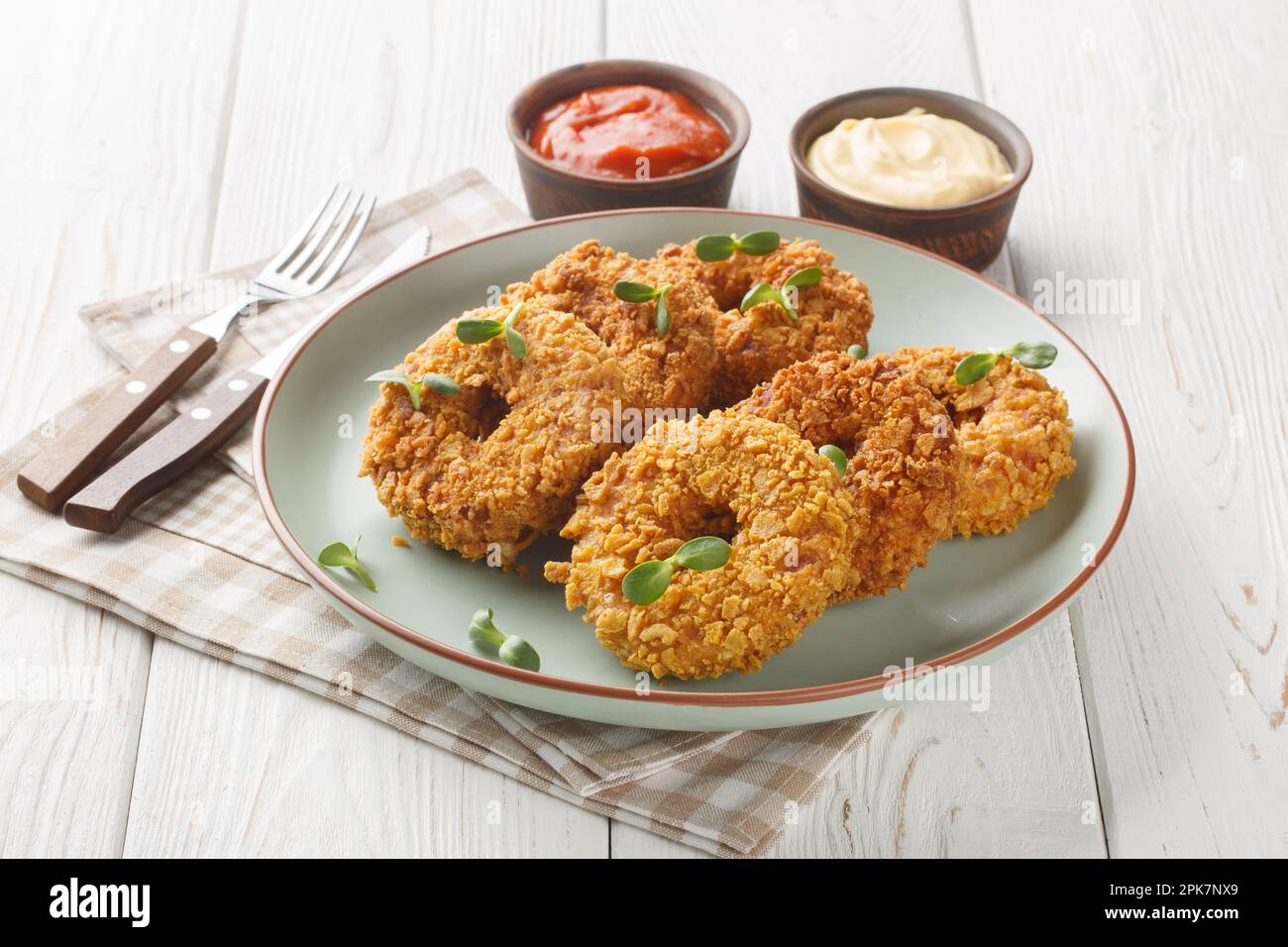 Panierte Hühnchen-Donuts aus gezogenem Hühnchen mit Gemüse und frittierten Nahaufnahmen auf einem Teller auf dem Tisch. Horizontal Stockfoto