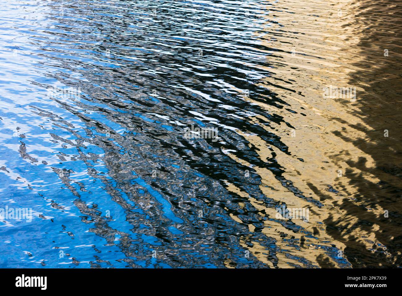 Flusswasseroberfläche Details, Reflexionen und Abstracts, Wellen und Muster. Stockfoto