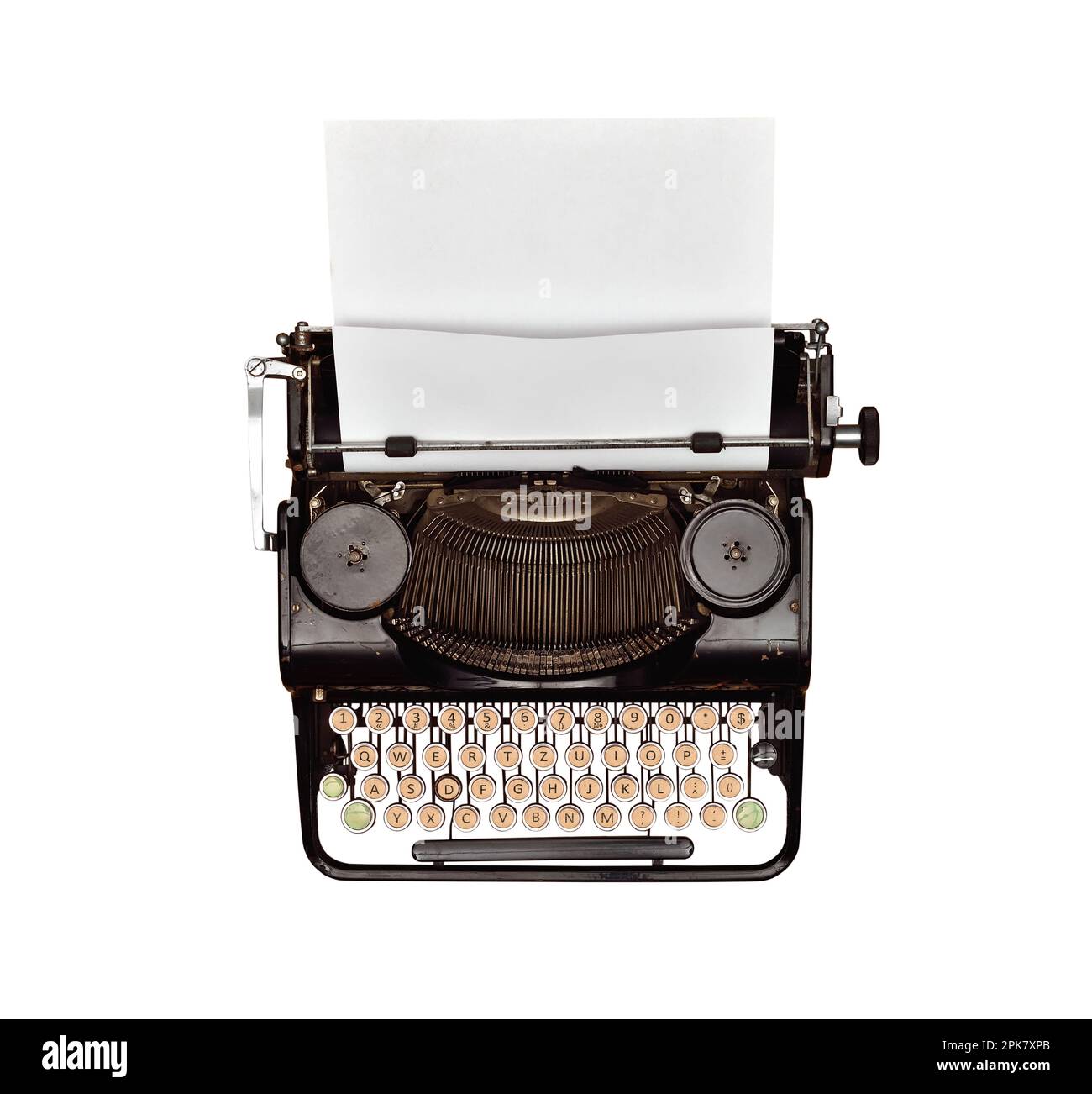 Oldtimer-Schreibmaschine mit leerem Papier, Blick von oben Stockfoto