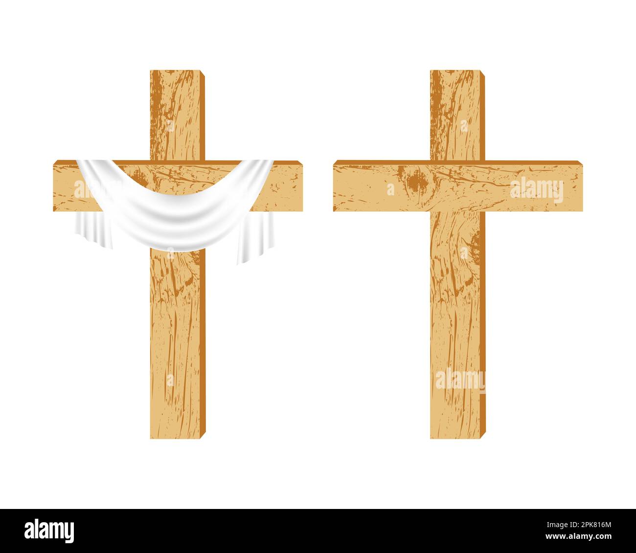 Zwei hölzerne christliche Kreuze. Ein einfaches Holzkreuz mit und ohne Ummantelung auf weißem Hintergrund. Designelement für religiöse Feiertage und Themen. Stock Vektor