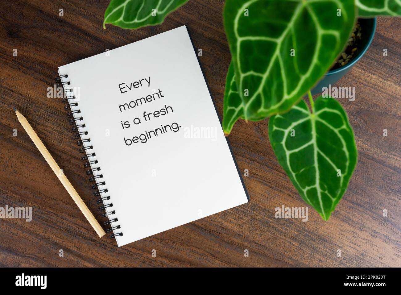 Kurze inspirierende Zitate auf Notizblock – jeder Moment ist ein neuer Anfang Stockfoto