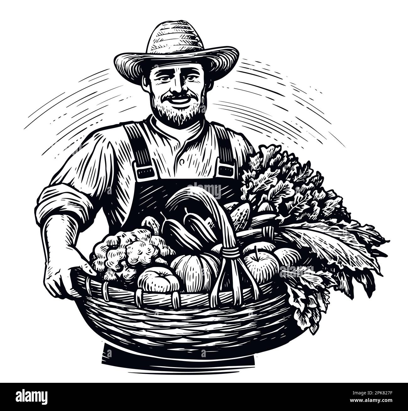 Glücklicher Bauer mit Hut und frisch gepflücktem Gemüse im Korb. Frische Bio-Lebensmittel. Darstellung des Skizzenvektors Stock Vektor