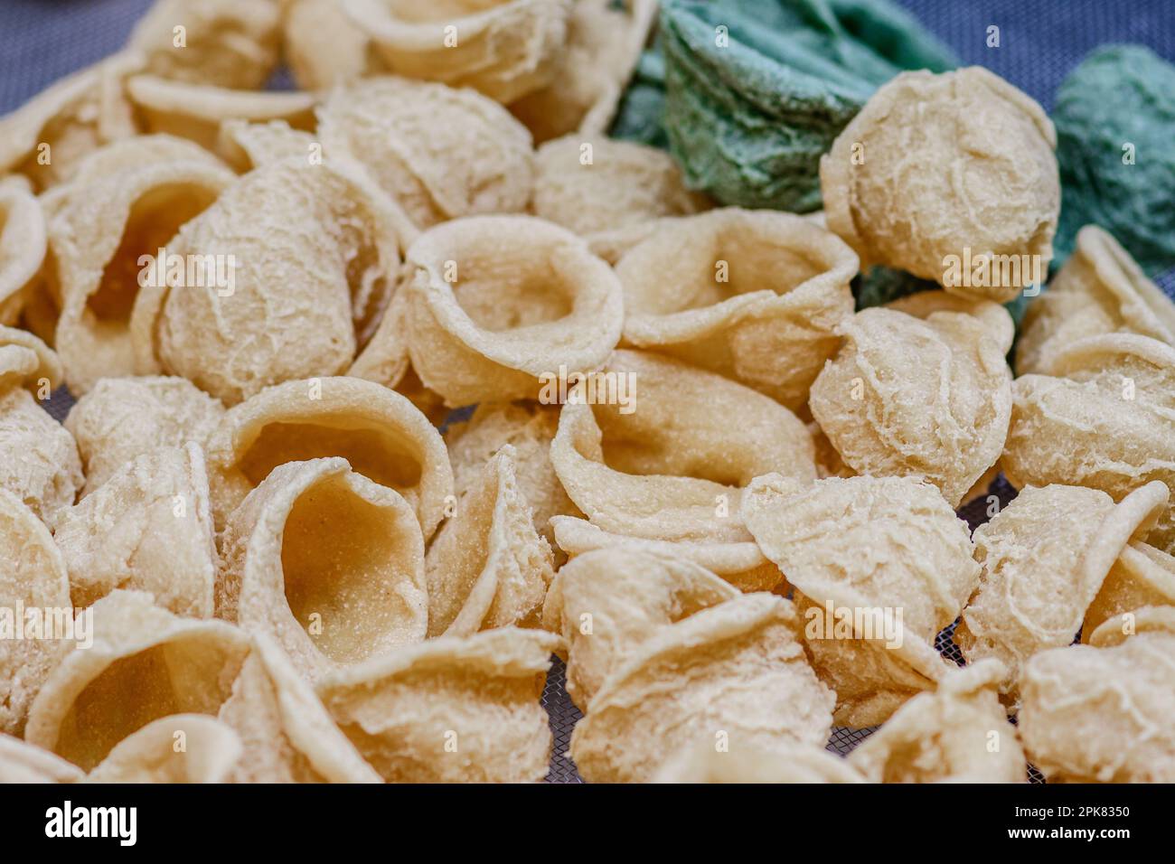 Frische Orekchiette oder Orekchietta aus Hartweizen und Wasser, handgemachte Pasta, typisch für Apulien oder Apulien, eine Region Süditaliens, aus nächster Nähe Stockfoto