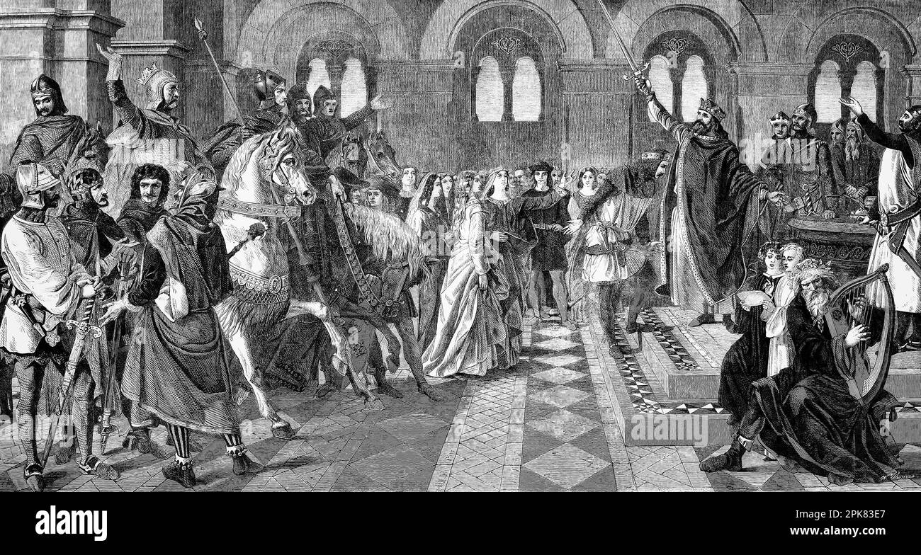 Die Aufnahme von Sir Tristan, oder Tristram (in altem Englisch) zum Runden Tisch als ein Zeitgenosse von König Artus. Der Sohn von Meliodas, König von Lyonin, seine Mutter starb bei seiner Geburt, und als junger Mann zog er zu seinem Onkel Mark in Cornwall und wurde Champion seines Onkels, als er Marhaus von Irland in einem Duell besiegte und tötete. Stockfoto