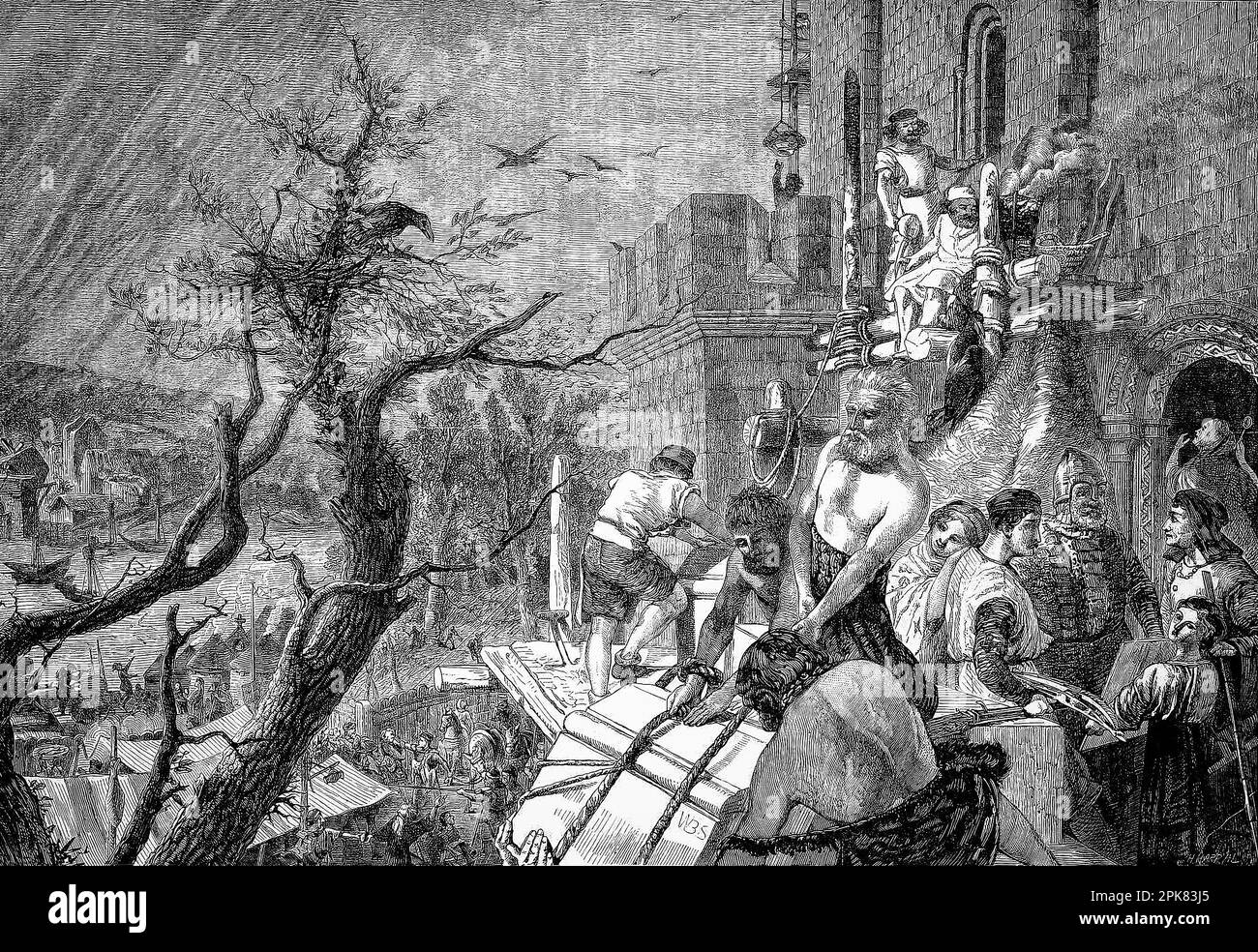 William Bell Scotts (1811-1890) Illustration des Schlosses in Newcastle-upon-Tyne. Die mittelalterliche Festung gab der Stadt ihren Namen. Heinrich II. Baute zwischen 1172 und 1177 einen rechteckigen Steinberg mit dem großen äußeren Tor zur Burg, das „Schwarze Tor“ genannt wird, wurde später, zwischen 1247 und 1250, in der Herrschaft von Heinrich III. Erbaut Stockfoto