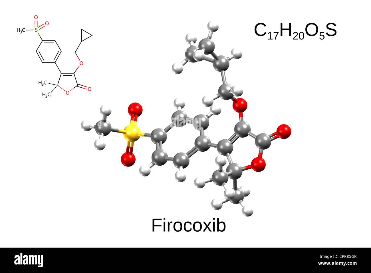 Chemische Formel, Strukturformel und 3D-Ball-and-Stick-Modell von Firocoxib, einem COX-2-Inhibitor für veterinärmedizinische Zwecke, weißer Hintergrund Stockfoto