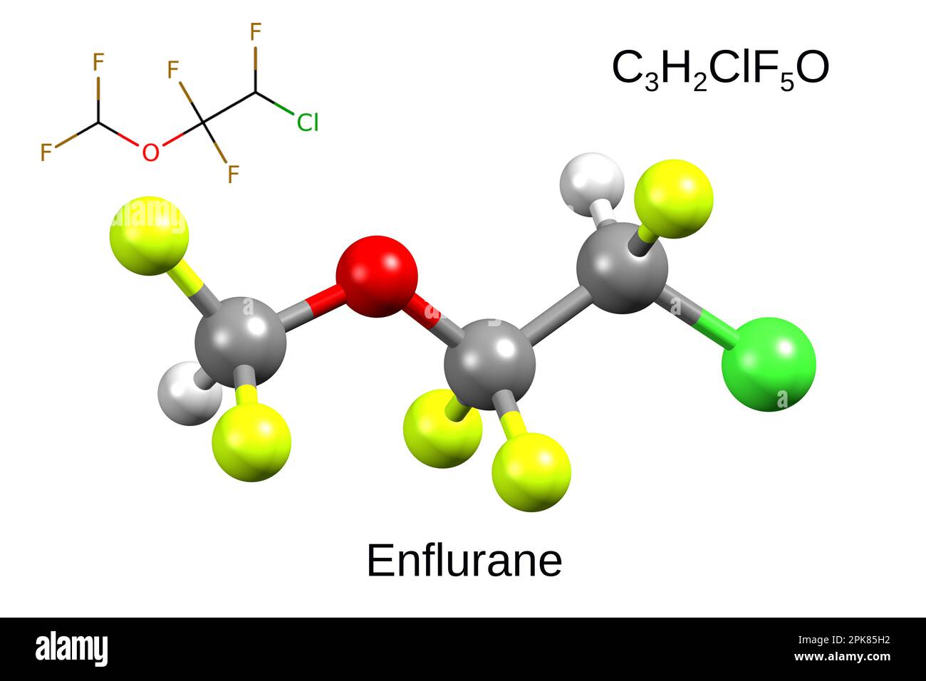 Chemische Formel, Skelettformel und 3D-Kugel-Stab-Modell eines halogenierten Ather, Enfluran, weißer Hintergrund Stockfoto
