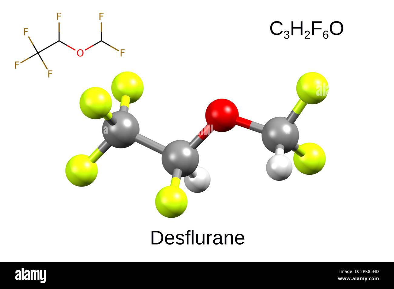 Chemische Formel, Skelettformel und 3D-Ball-and-Stick-Modell von Desfluran, weißer Hintergrund Stockfoto