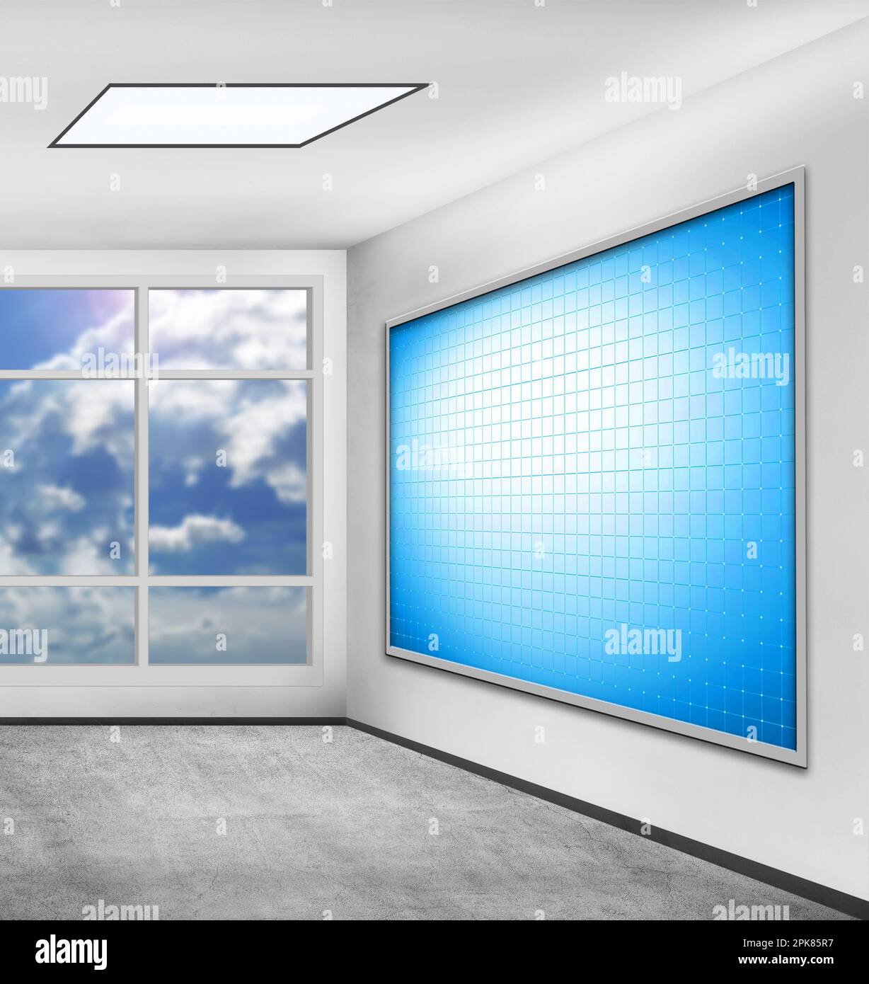 Leere Plasmabildschirme im Klassenzimmer mit großem Fenster Stockfoto