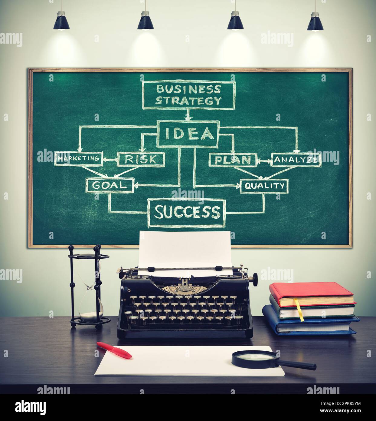 Schreibmaschine mit Papier und Zeichenstrategie auf Kreidetafel Stockfoto