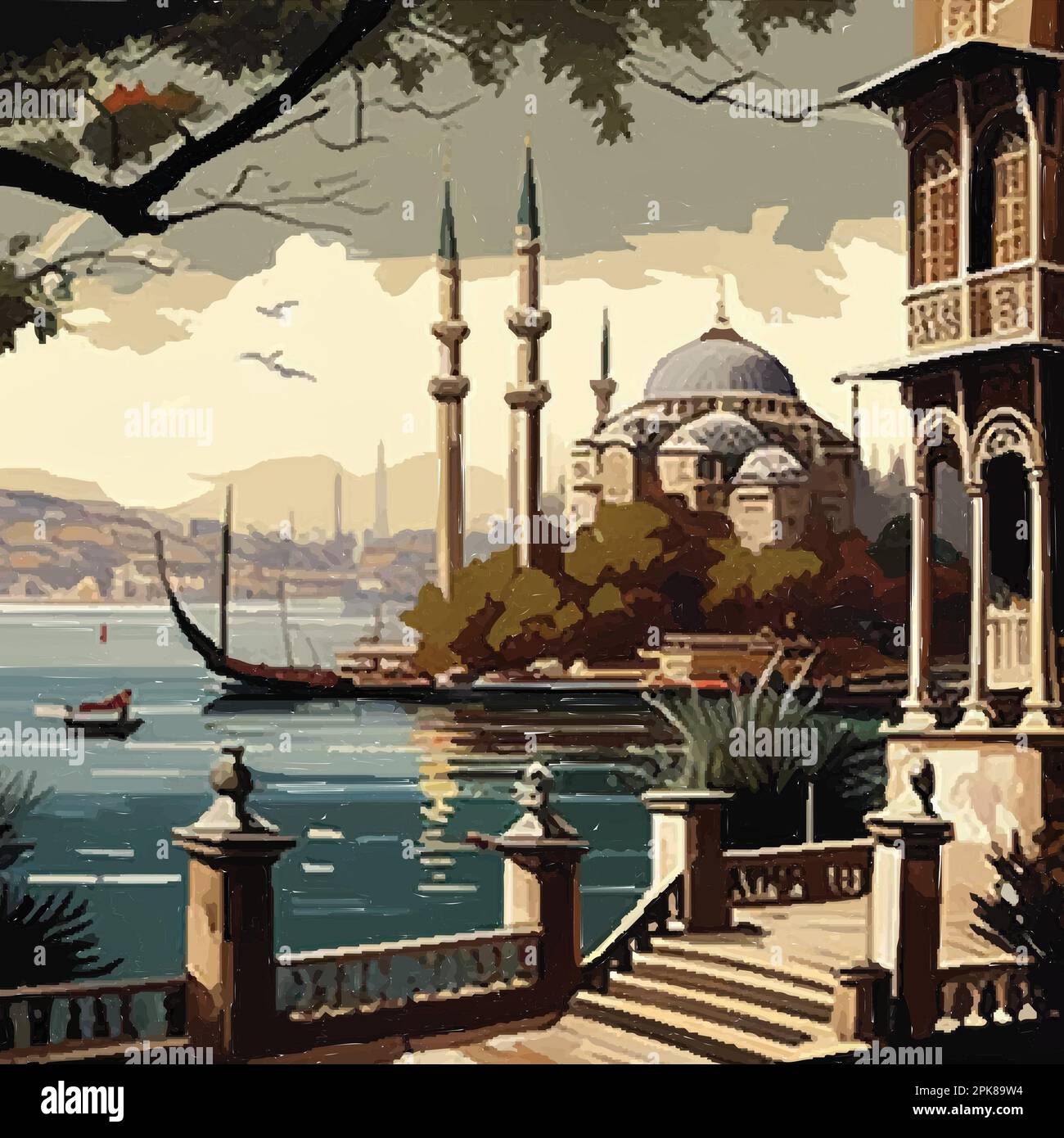 Vektordarstellung der Istanbul Turkiye-Landschaft. Abstraktes Stadtbild mit den wichtigsten Sehenswürdigkeiten bei Sonnenuntergang Stock Vektor