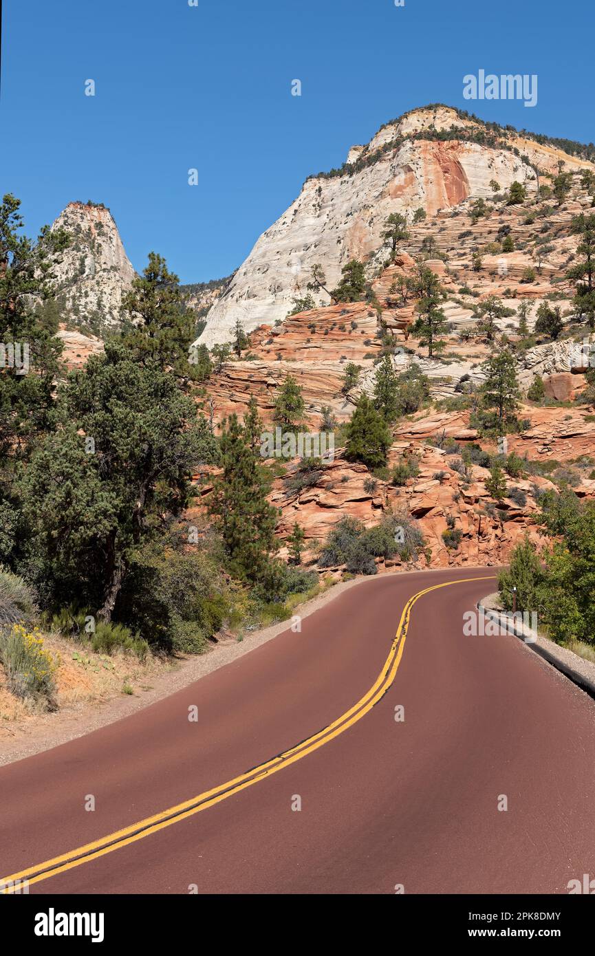 Der Zion-Mount-Carmel-Highway schlängelt sich an majestätischen Sandsteinklippen und Felsformationen im östlichen Zion-Nationalpark vorbei Stockfoto