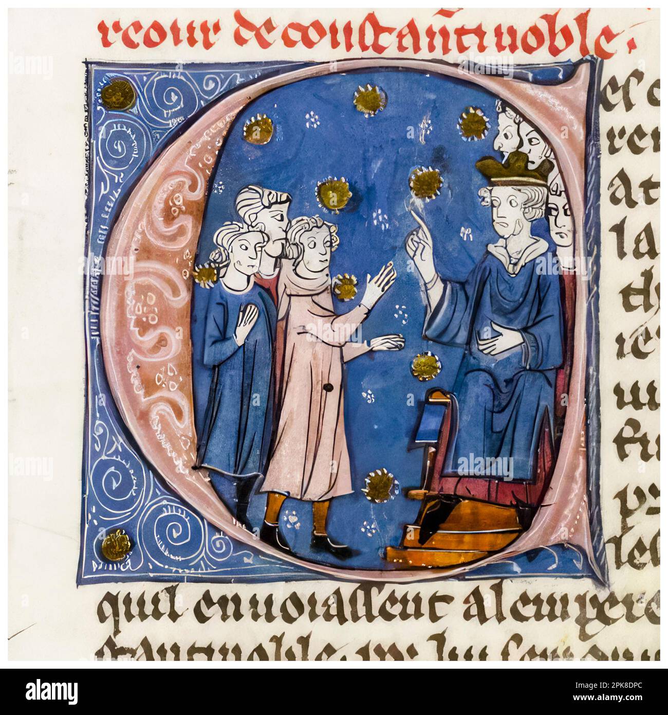 Drei Gesandte der Kreuzritter vor dem gekrönten Kaiser von Konstantinopel, beleuchtetes Manuskript, ca. 1295-1299 Stockfoto