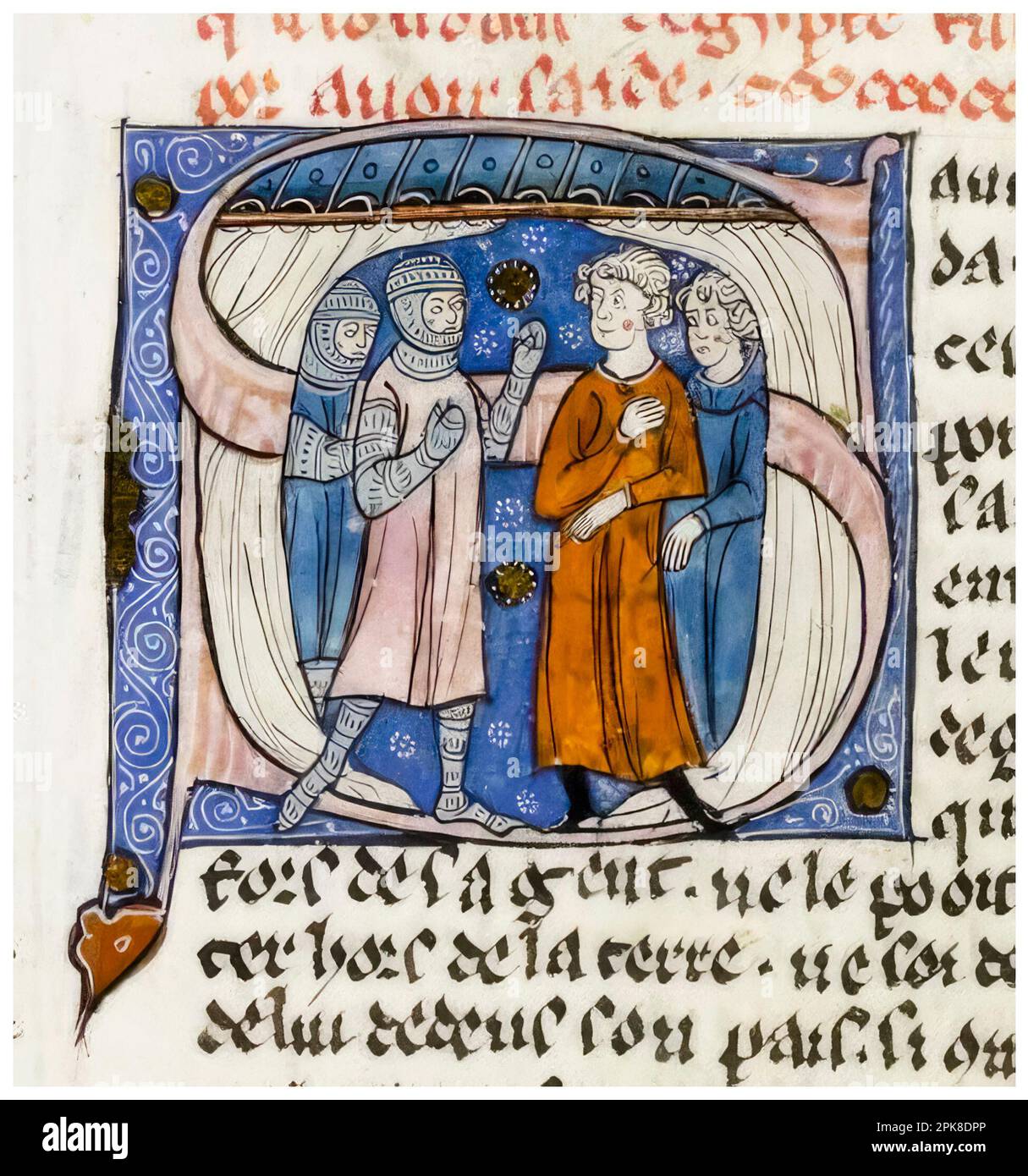 Kreuzritter und zwei Männer diskutieren über die Erneuerung des Vertrags zwischen dem ägyptischen Sultan und dem König von Jerusalem, beleuchtetes Manuskript, um 1295-1299 Stockfoto