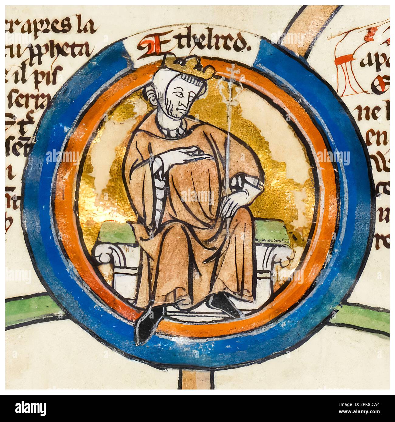 Aethelred II. (Ca. 966-1016), bekannt als Aethelred der unfertige König von England (978-1013 und 1014-1016), beleuchtetes Manuskript-Porträtgemälde vor 1399 Stockfoto