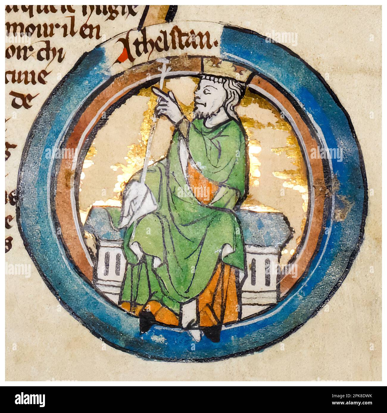 Aethelstan (Athelstan, ca. 894-939), König der angelsächsischen (924-927) und König von England (927-939), beleuchtetes Manuskript-Porträt, vor 1399 Stockfoto