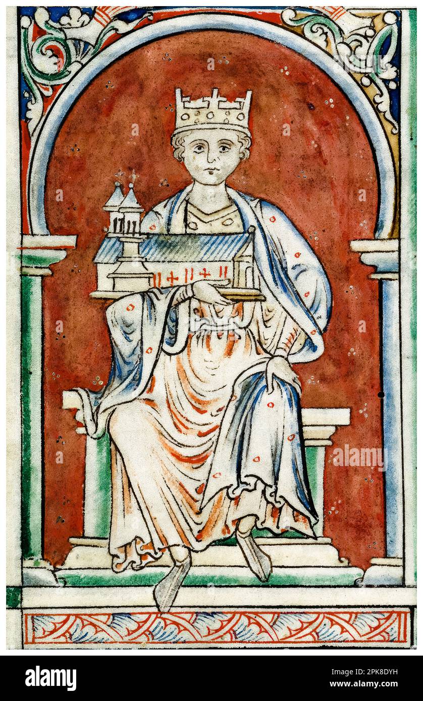 Henry I. von England (ca. 1068-1135), auch bekannt als Henry Beauclerc, König von England (1100-1135), mit Reading Abbey, beleuchtetes Manuskript Porträtgemälde von Matthew Paris um 1250-1259 Stockfoto