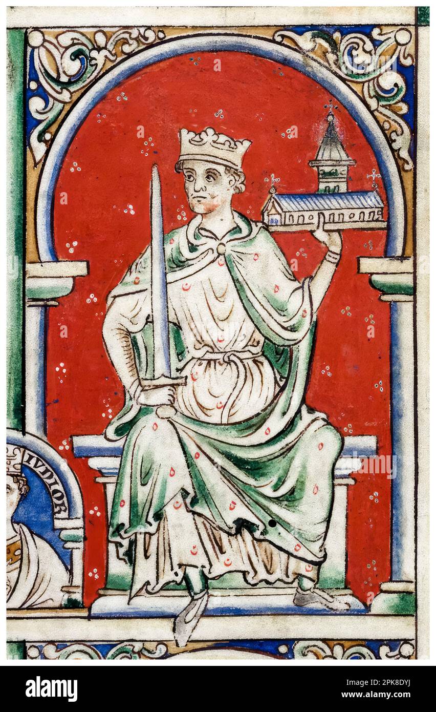 Richard der Löwenherz, Richard I. von England (1157-1199), König von England (1189-1199), mit der Kirche St. Thomas von Canterbury, beleuchtetes Manuskript Porträtbild von Matthew Paris um 1250-1259 Stockfoto