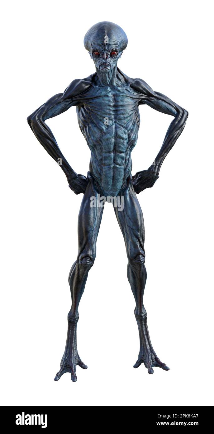 Vorderansicht 3D Abbildung eines dünnen männlichen Außerirdischen mit isolierten Händen an der Hüfte auf weißem Hintergrund. Stockfoto