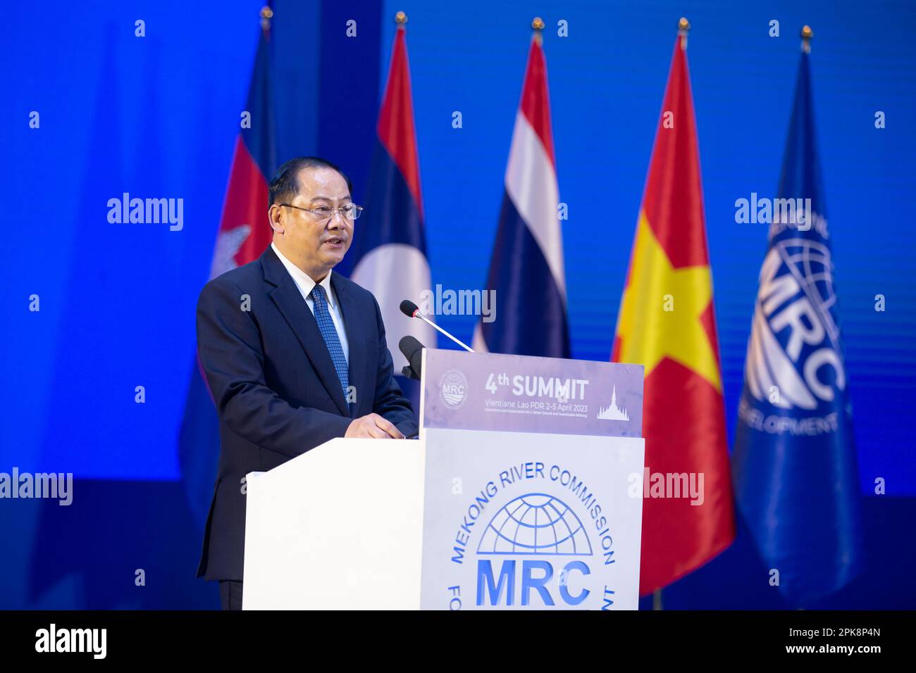 Vientiane, Laos. 5. April 2023. Der laotische Premierminister Sonexay Siphandone spricht auf dem vierten Gipfel der Mekong-Flusskommission (MRC) am 5. April 2023 in Vientiane, Laos. Kredit: Kaikeo Saiyasane/Xinhua/Alamy Live News Stockfoto