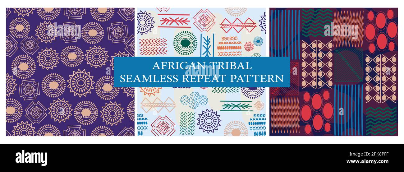 Set aus afrikanischen uralten Stammesmustern mit nahtlosen Wiederholungsmustern. Das moderne, ethnisch-trendige Textildesign sorgt für modischen Stoff und Hintergrund. Stock Vektor Set aus afrikanischen uralten Stammesmustern mit nahtlosen Wiederholungsmustern. Das moderne, ethnisch-trendige Textildesign sorgt für modischen Stoff und Hintergrund. Stock Vektor
