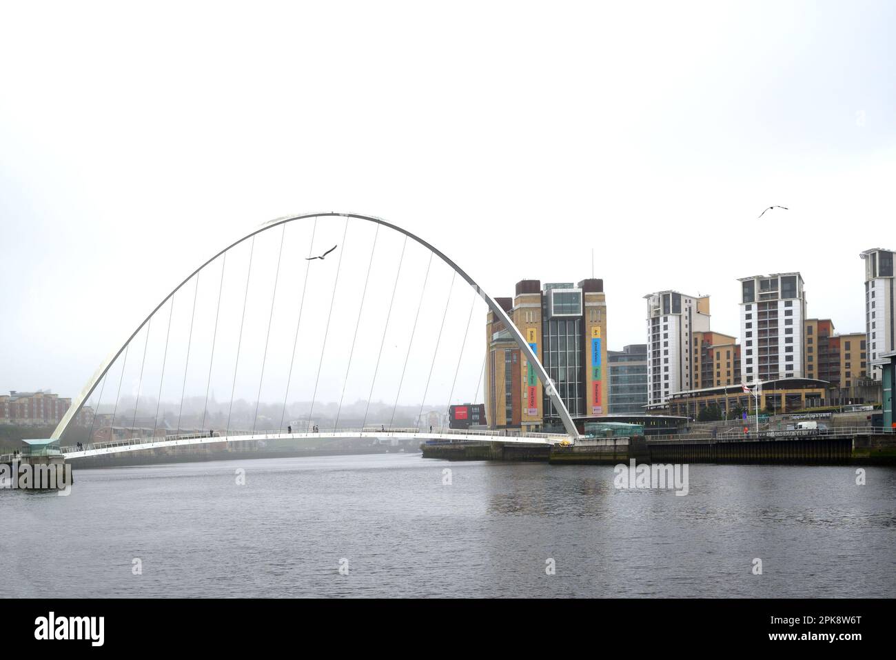 Newcastle upon Tyne, Tyne and Wear, England, Großbritannien. Gateshead Millennium Bridge (2001) über den Fluss Tyne, Gateshead am anderen Ufer. Grauer, regnerischer Tag Stockfoto