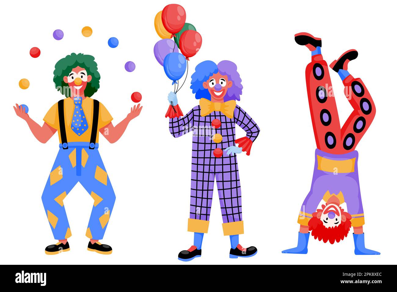 Männer in Clownkostümen, isoliert auf weißem Hintergrund. Vektorflacher Zeichentrickfilm von lustigen Witzfiguren. Vergnügungspark, Zirkus oder Geburtstagsparty Stock Vektor