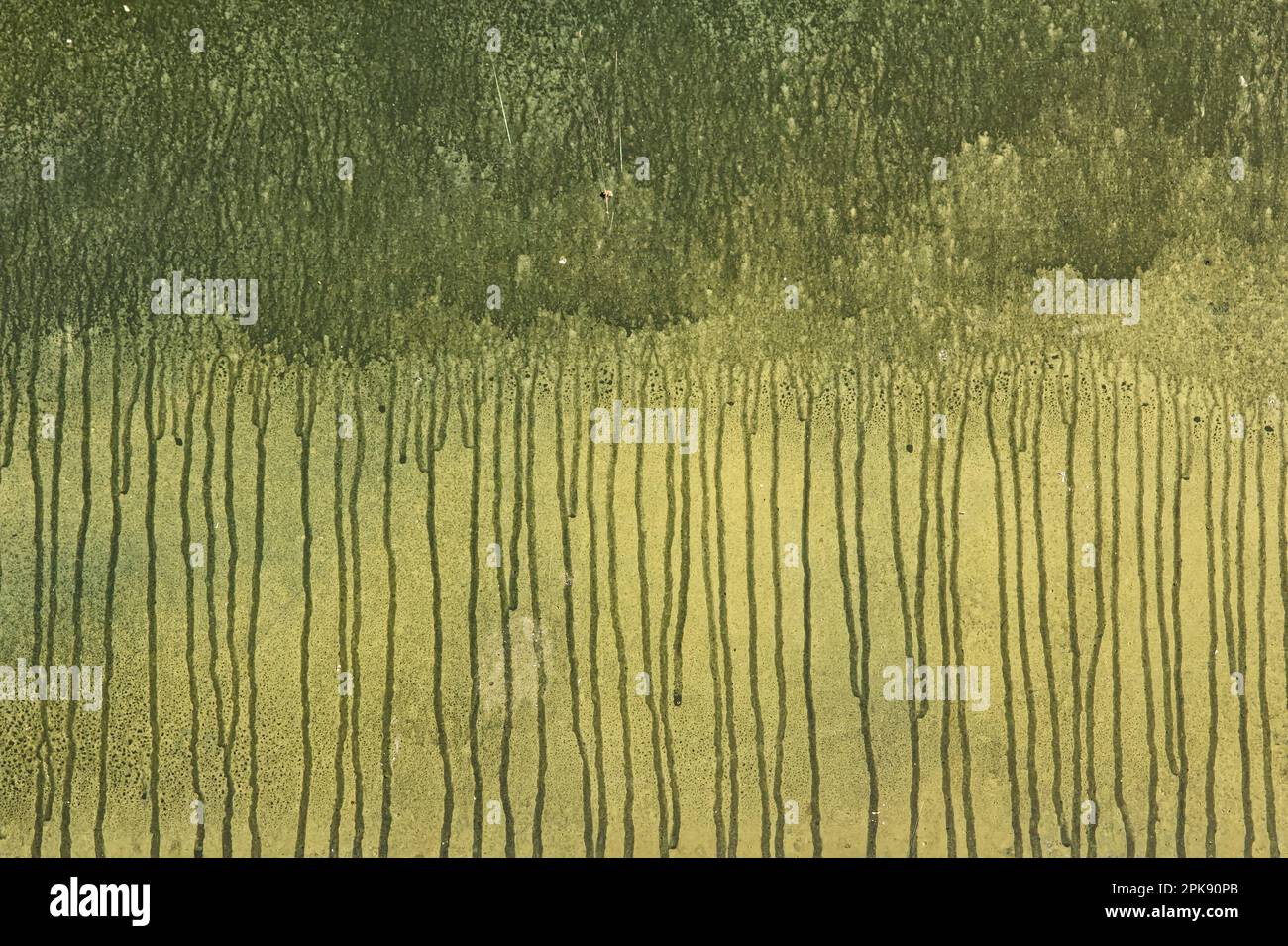 Grüne Metallpatina an der Fassade des Gebäudes mit Anzeichen von fließendem Wasser Stockfoto